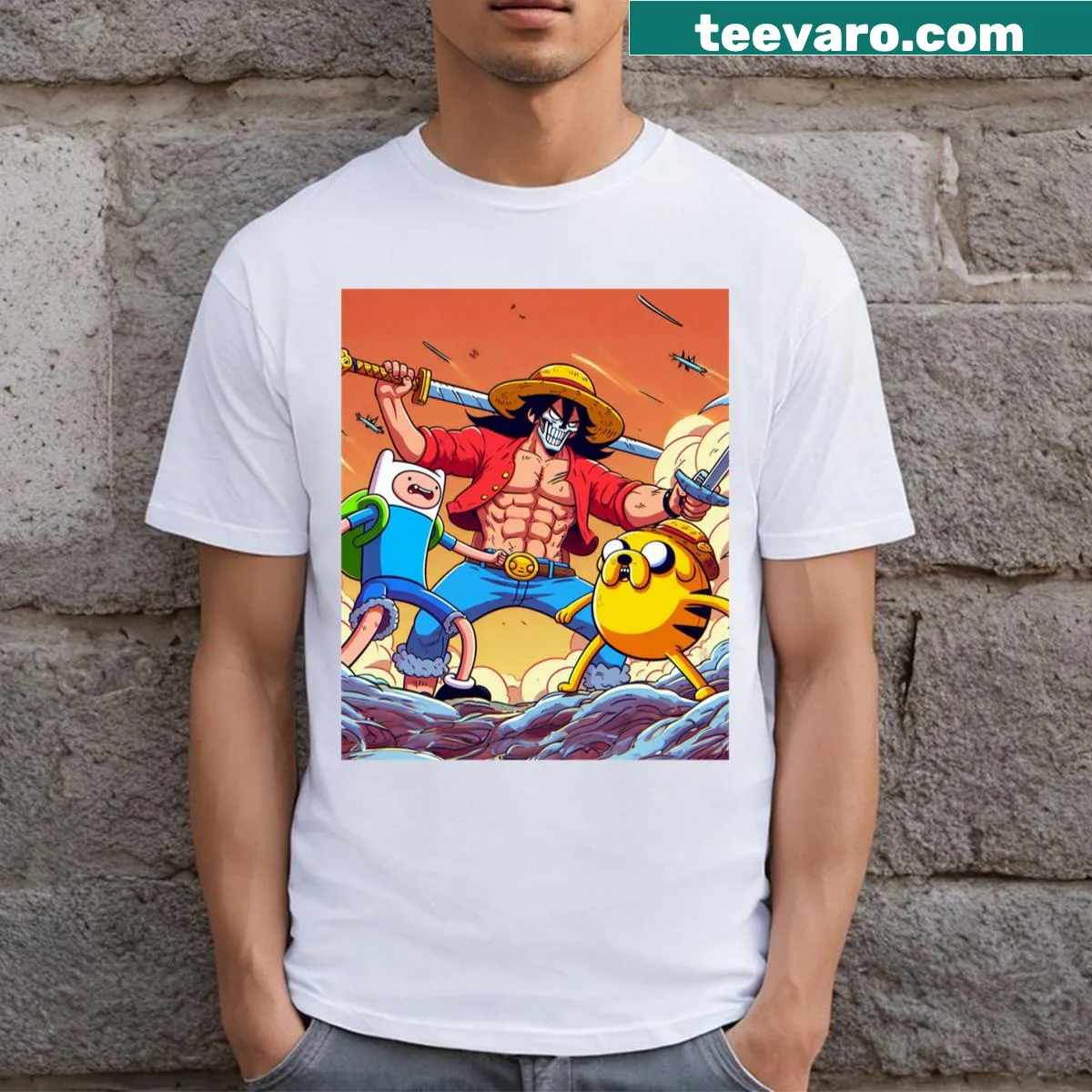 T-shirt with cartoon characters in a playful battle — on a men's t-shirt