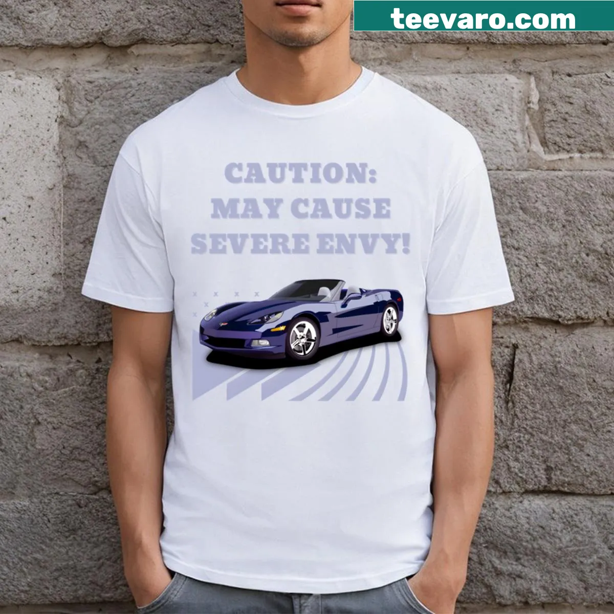 Funny sports car t-shirt with bold text warning of envy — on a men's t-shirt
