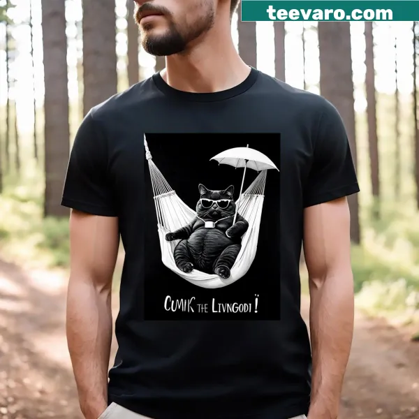 Cool Lazy Cat in a Hammock t-shirt with a relaxed cat illustration.