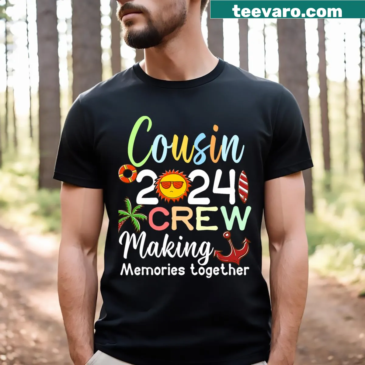 Fun Cousin Crew 2024 Summer Vacation t-shirt for kids with playful text. — on a men's t-shirt