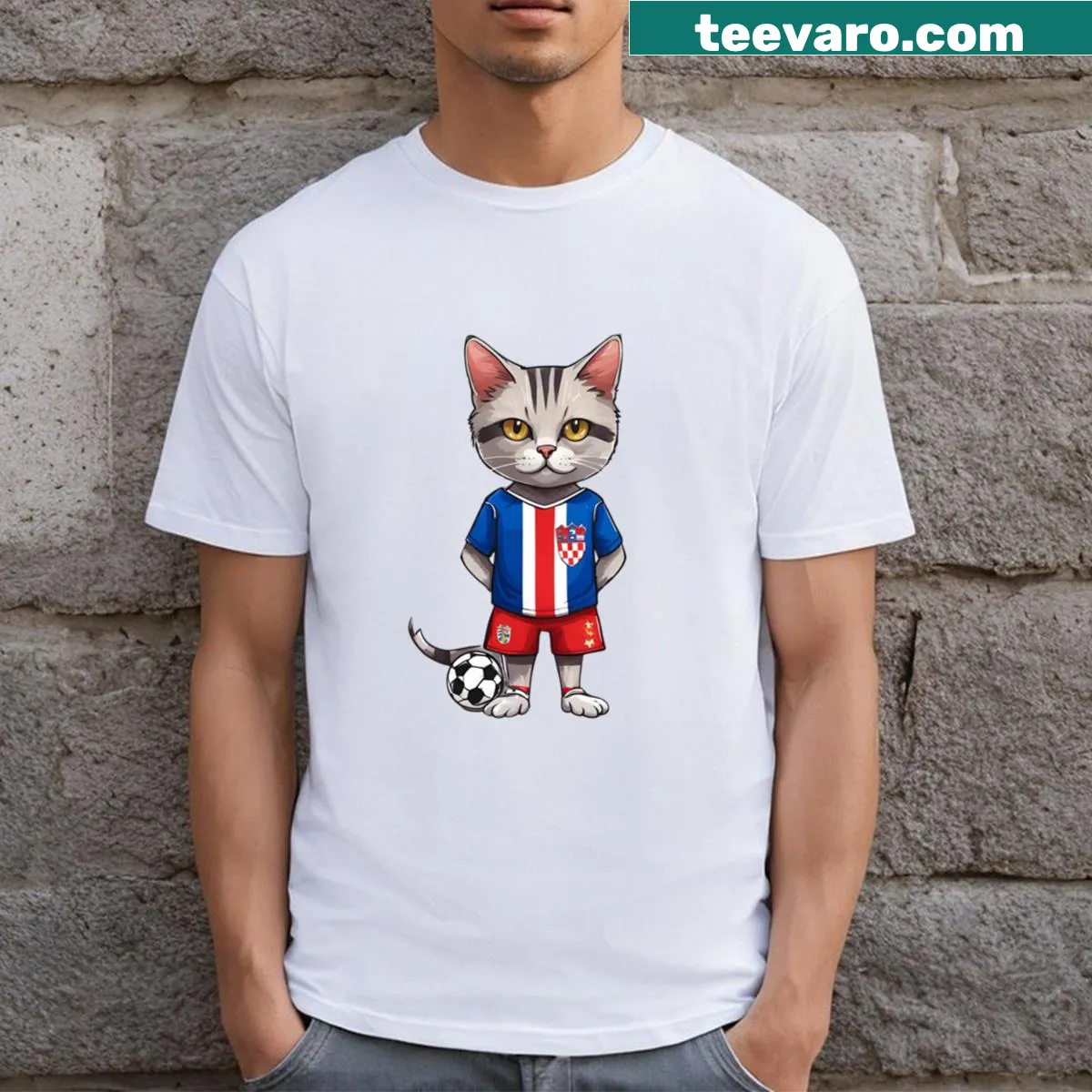 Cartoon cat wearing Croatian flag colors on a t-shirt — on a men's t-shirt
