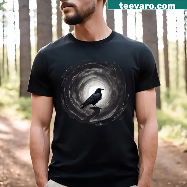 Illustration of crows against a dark, mysterious backdrop on a t-shirt