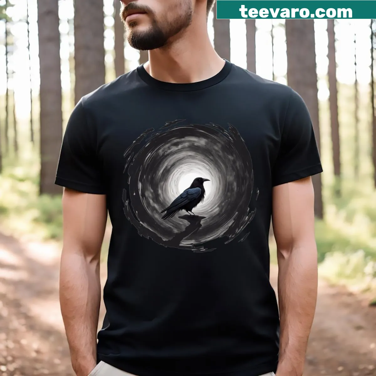 Illustration of crows against a dark, mysterious backdrop on a t-shirt — on a men's t-shirt