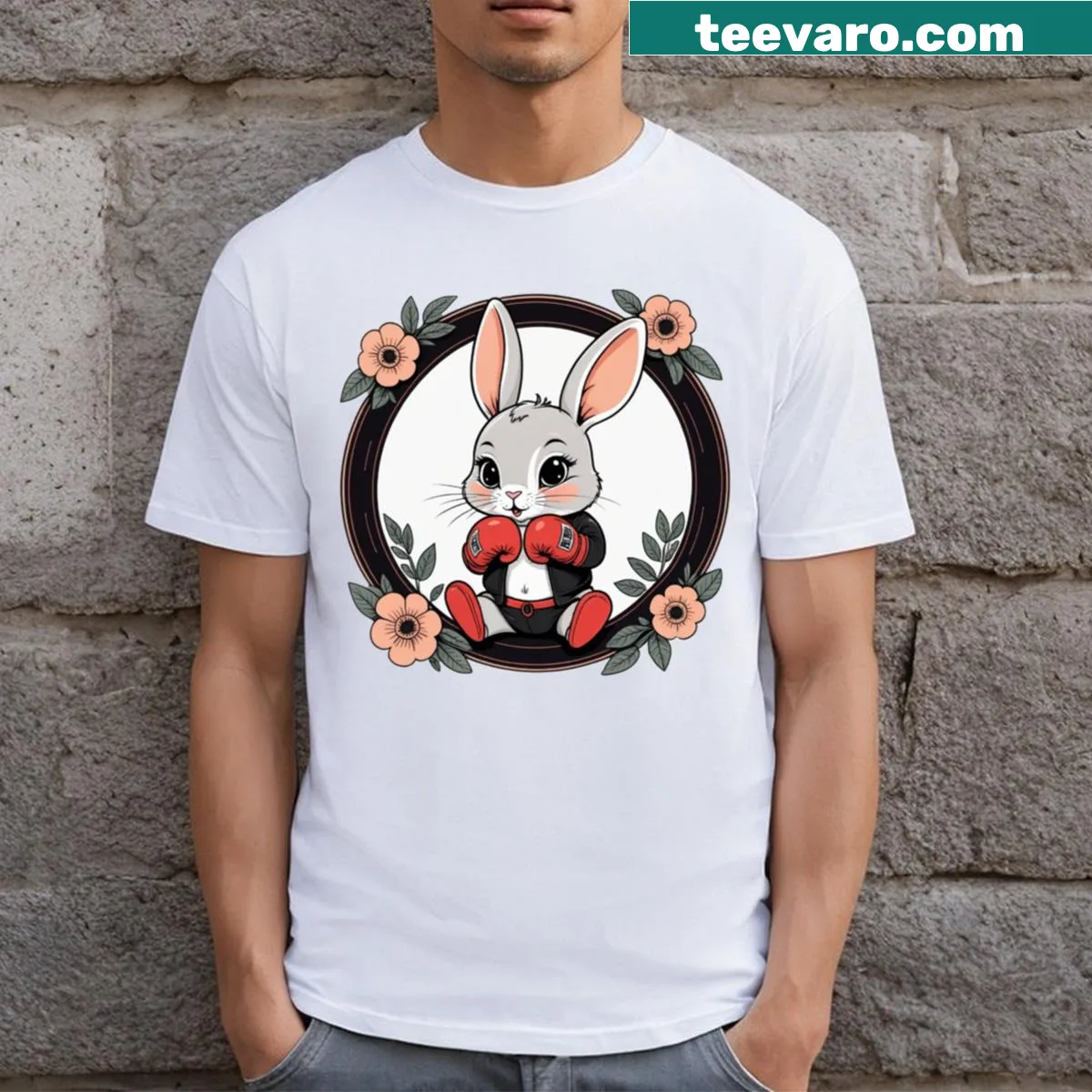 Cartoon boxing bunny surrounded by flowers on a kids' t-shirt — on a men's t-shirt