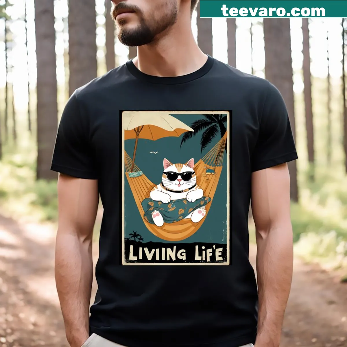 Illustration of a lazy cat in a hammock on a t-shirt — on a men's t-shirt