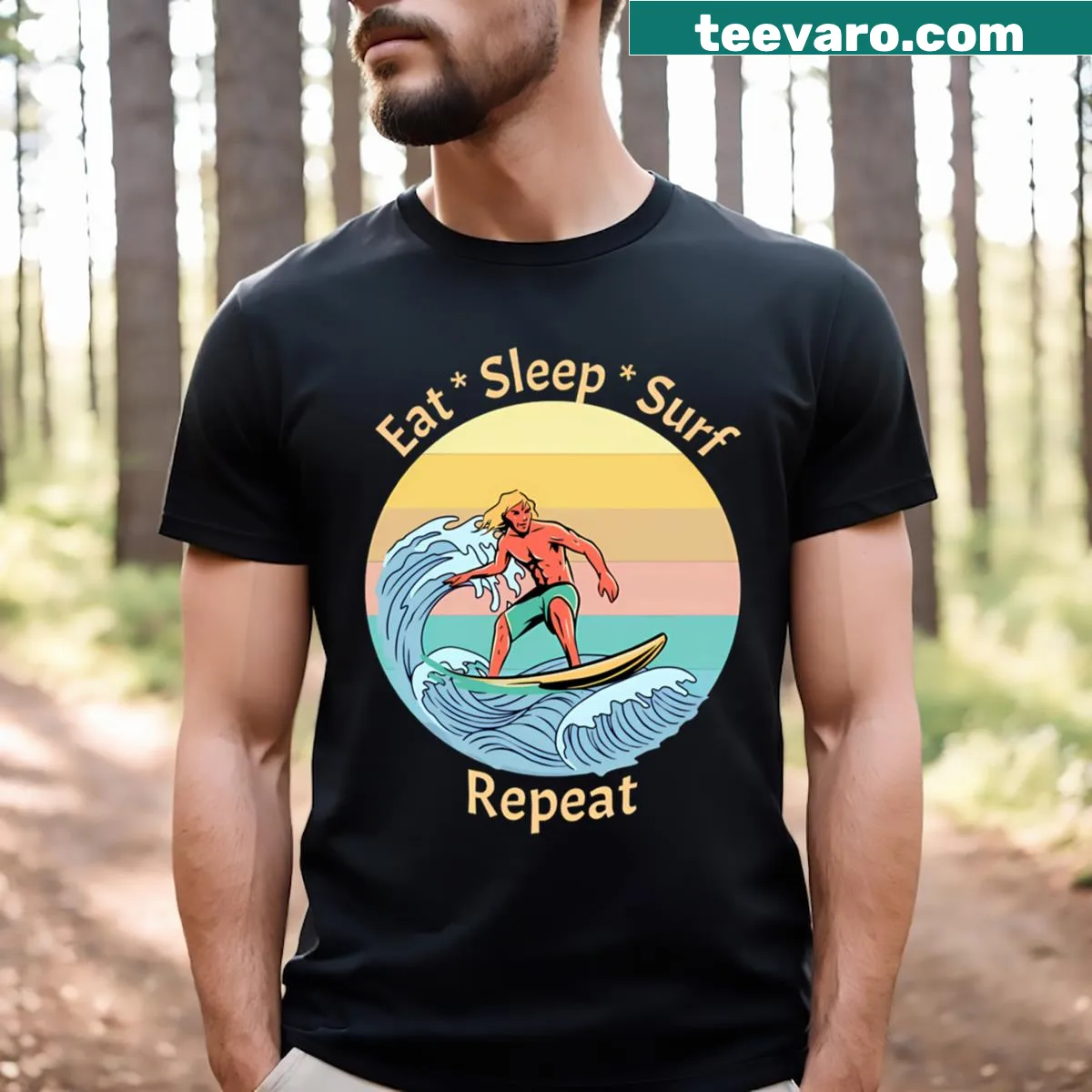 Surf lifestyle T-shirt with 'Eat Sleep Surf Repeat' graphic — on a men's t-shirt