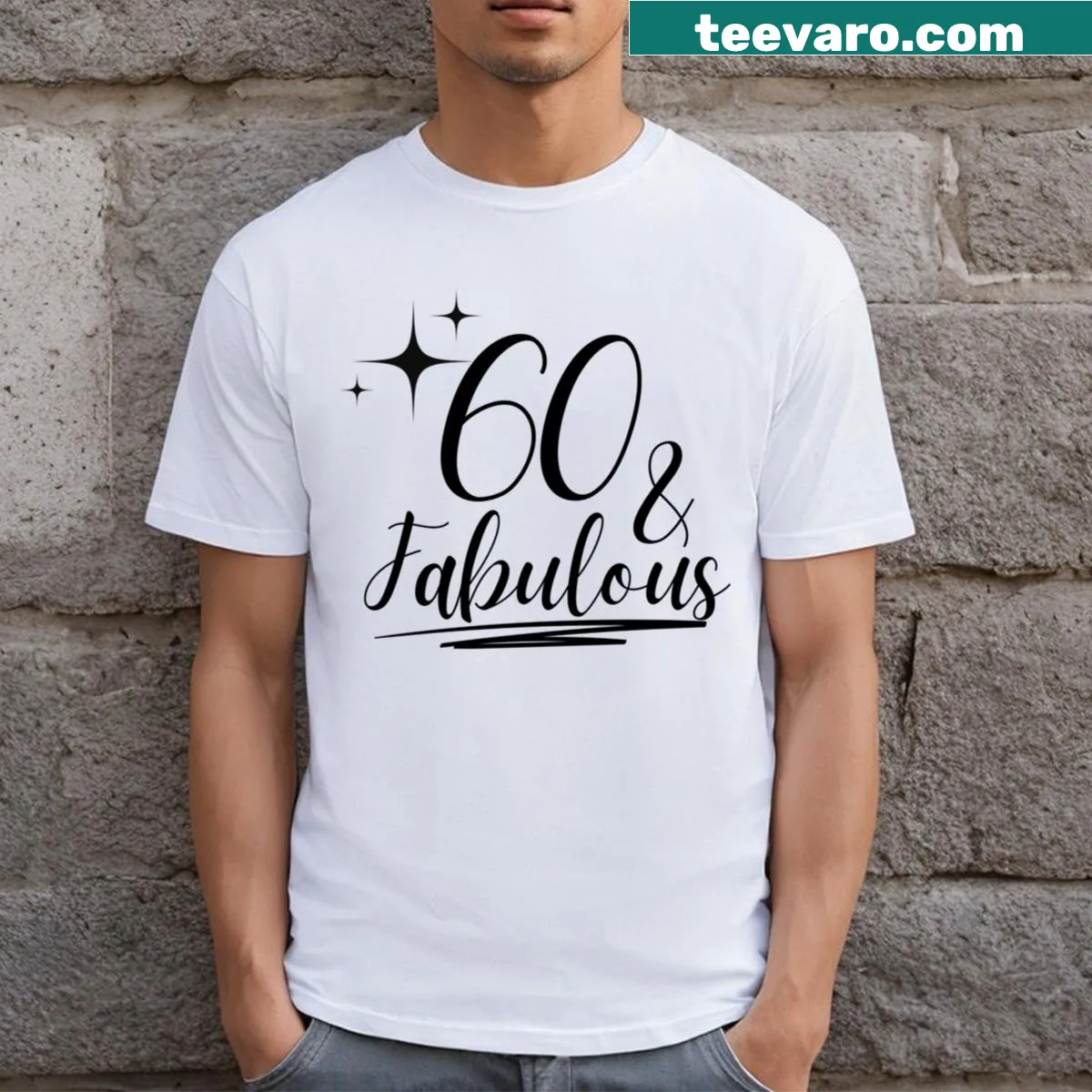 Happy 60th birthday T-shirt with whimsical design — on a men's t-shirt