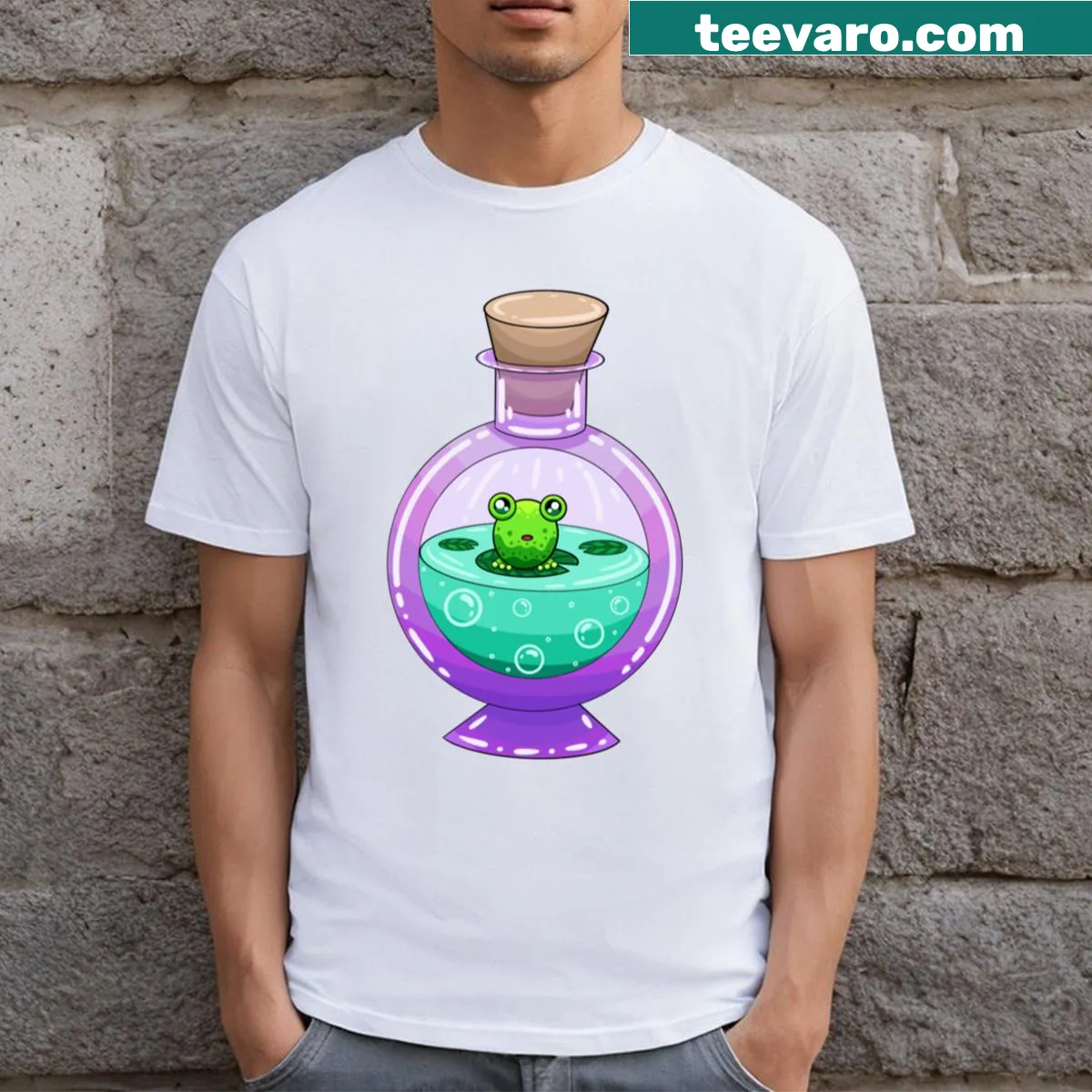 Whimsical Frog Potion Bottle T-shirt design — on a men's t-shirt