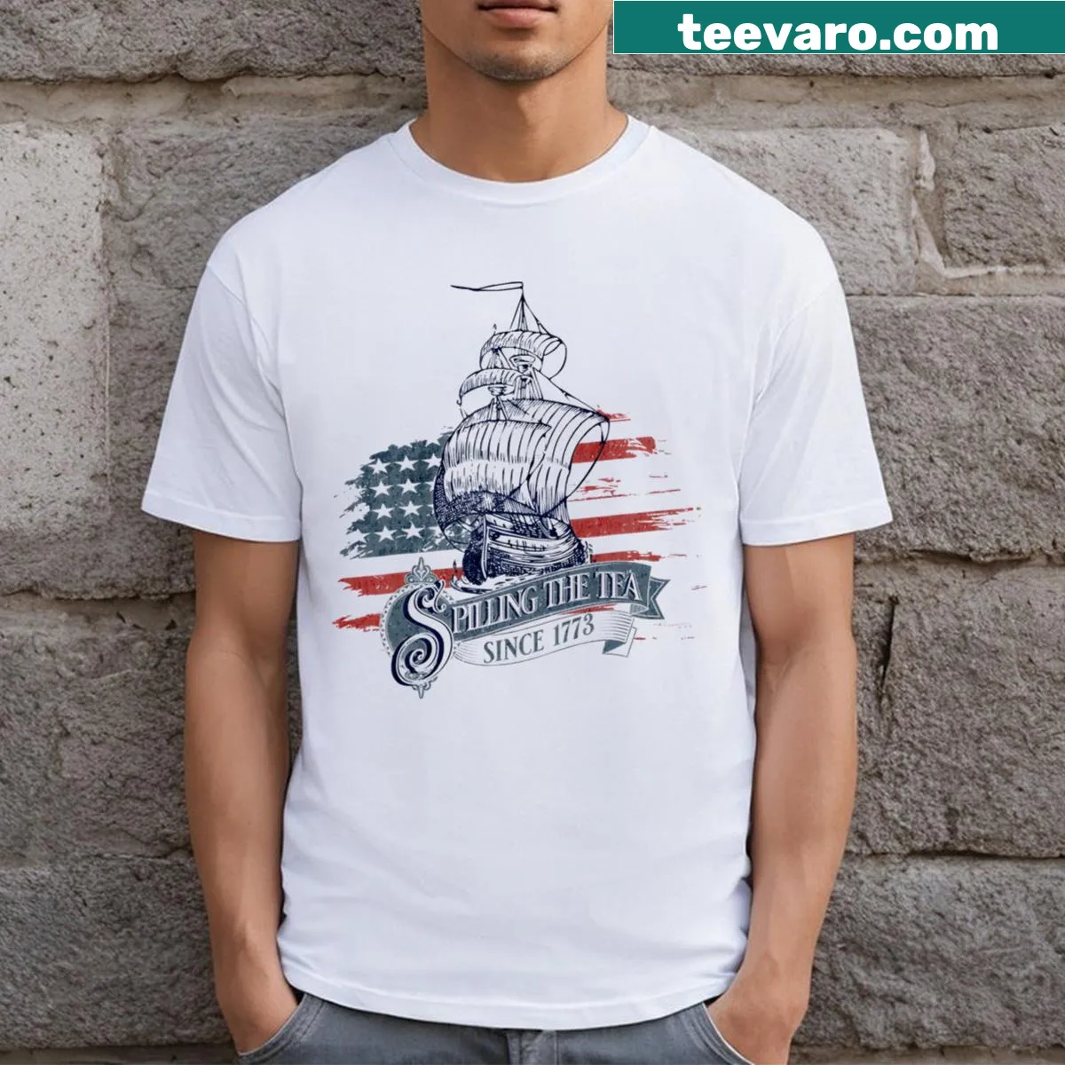 Funny 4th of July t-shirt with 'Spilling The Tea Since 1773' text. — on a men's t-shirt