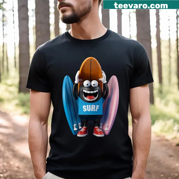 Funny t-shirt featuring a surfing monster and surfboards illustration