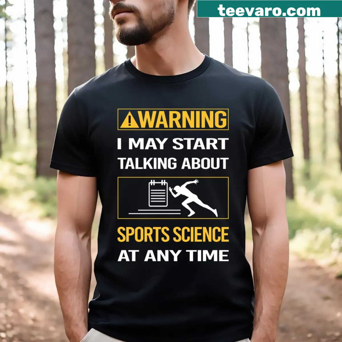 Funny sports science warning t-shirt with bold typography — on a men's t-shirt