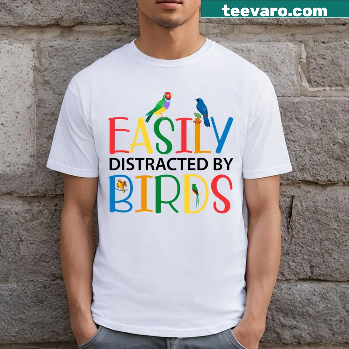 Funny bird lover t-shirt with whimsical birdwatching illustration — on a men's t-shirt