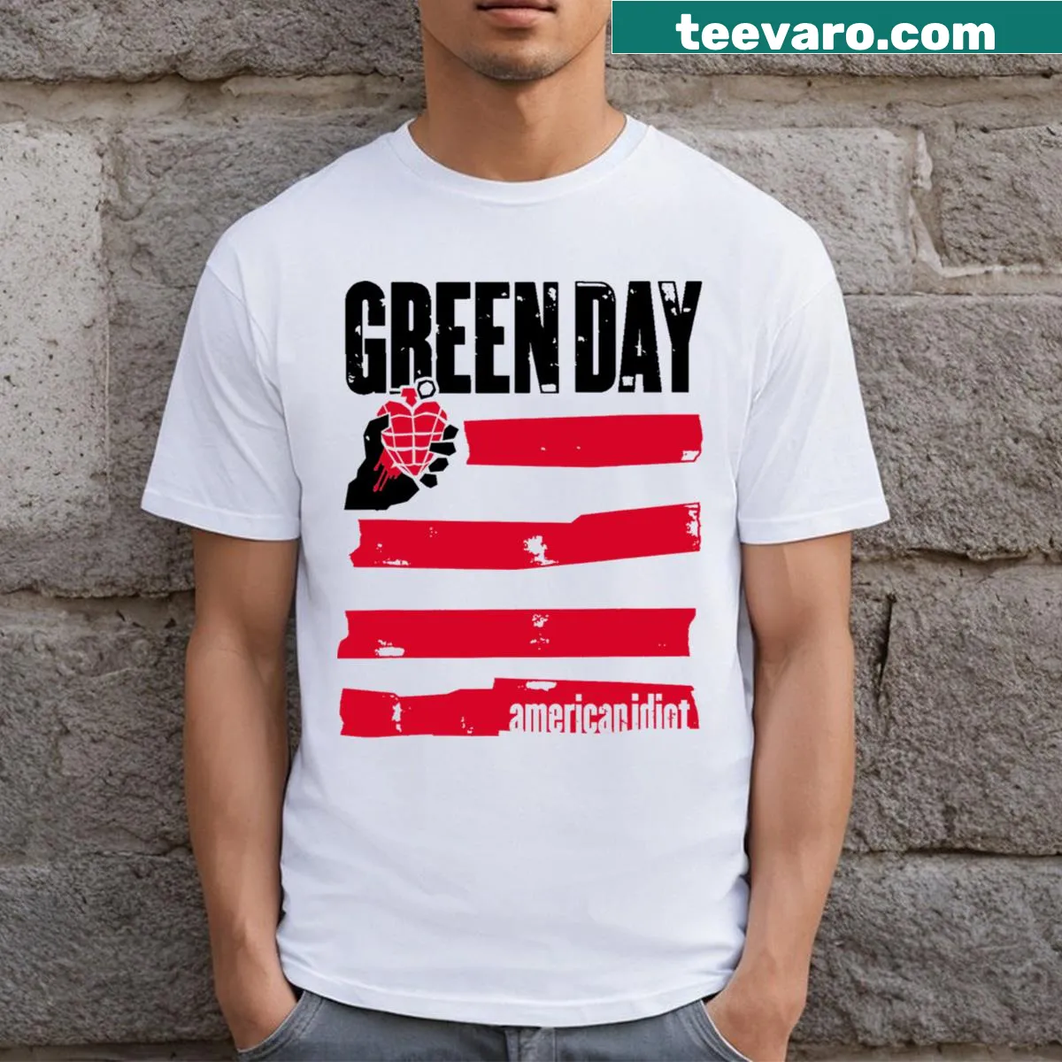 Green Day Idiot Flag t-shirt with bold graphic and lettering — on a men's t-shirt