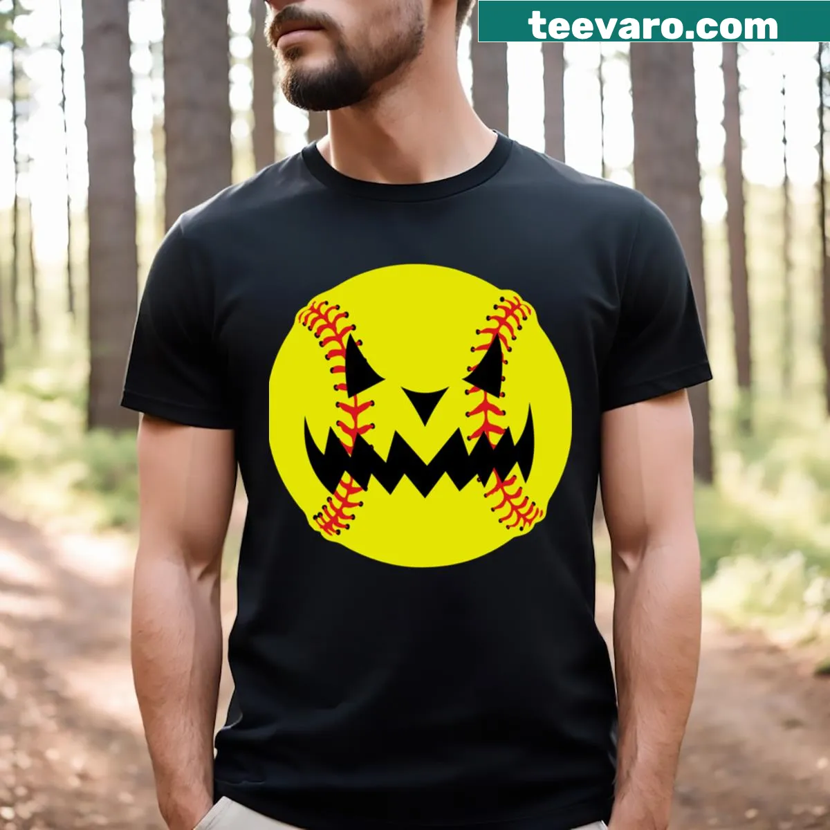 Pumpkin face graphic on Halloween softball t-shirt — on a men's t-shirt