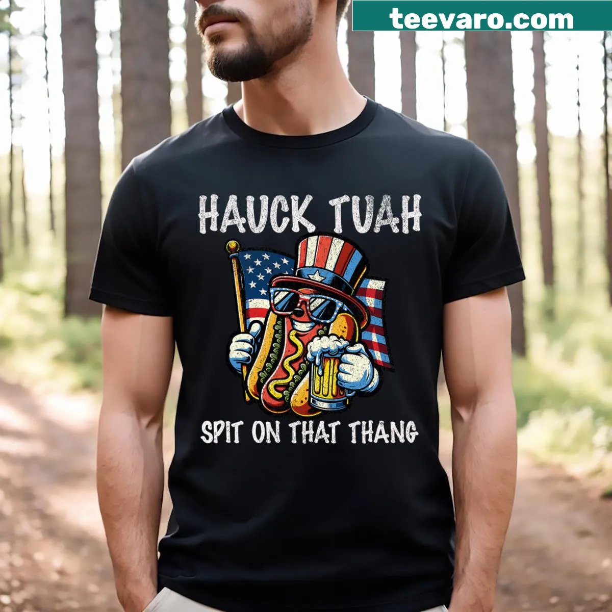 Funny patriotic t-shirt with humorous July 4th design — on a men's t-shirt