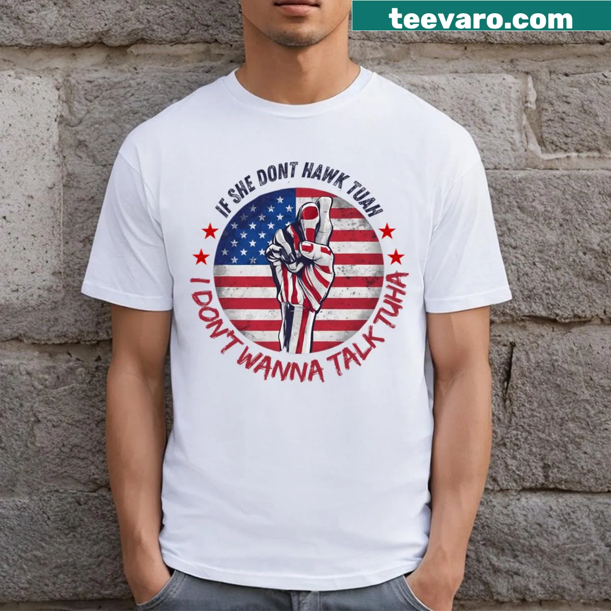 Humorous T-shirt featuring the text about Hawk Tush — on a men's t-shirt