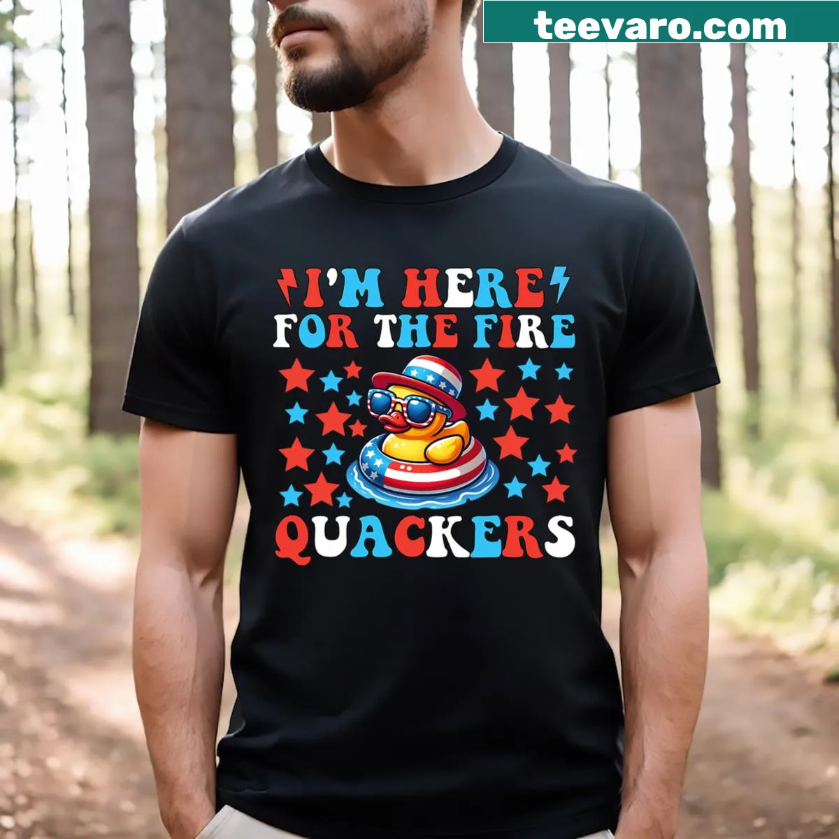 Playful T-shirt with firecracker duck graphic for 4th of July — on a men's t-shirt