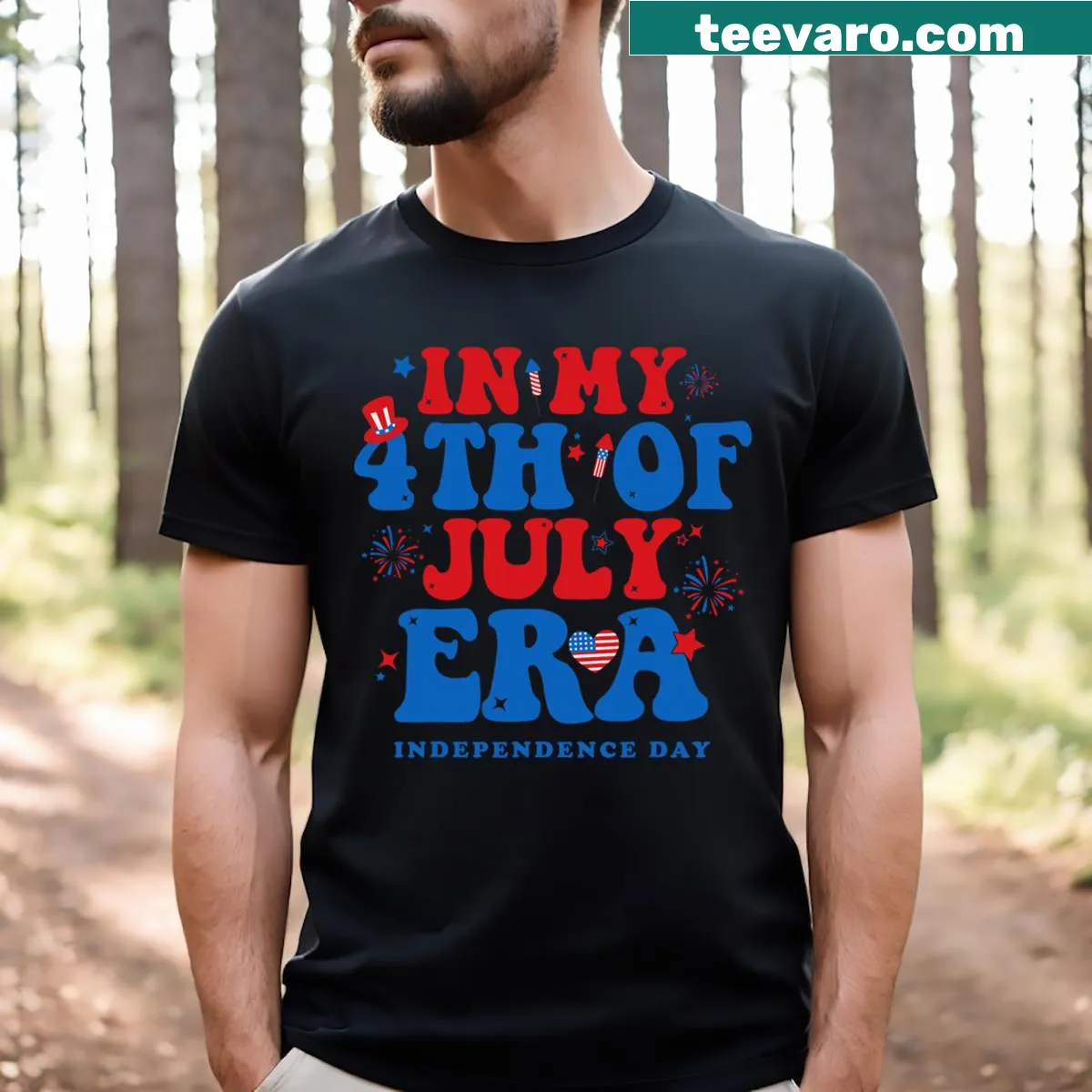 Patriotic T-shirt with 'In My 4th Of July Era' text — on a men's t-shirt
