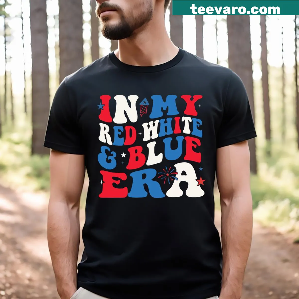 Retro 4th of July T-shirt for kids in red, white, and blue — on a men's t-shirt