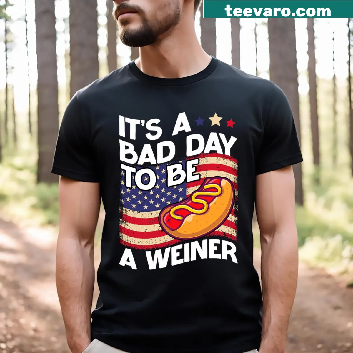 Funny 4th of July t-shirt with text: 'It's A Bad Day To Be A Weiner' — on a men's t-shirt