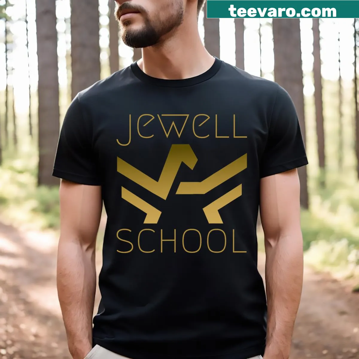 Jewell School t-shirt featuring school name — on a men's t-shirt
