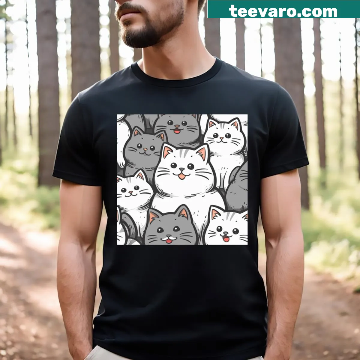 Cute cartoon graphic of a smiling white cat on a t-shirt. — on a men's t-shirt