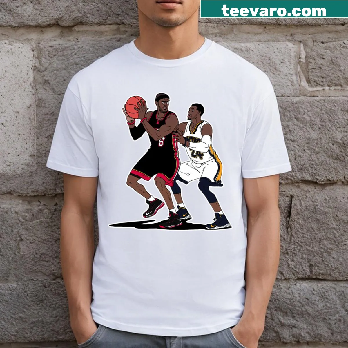 Retro T-shirt featuring LeBron James and Paul George — on a men's t-shirt