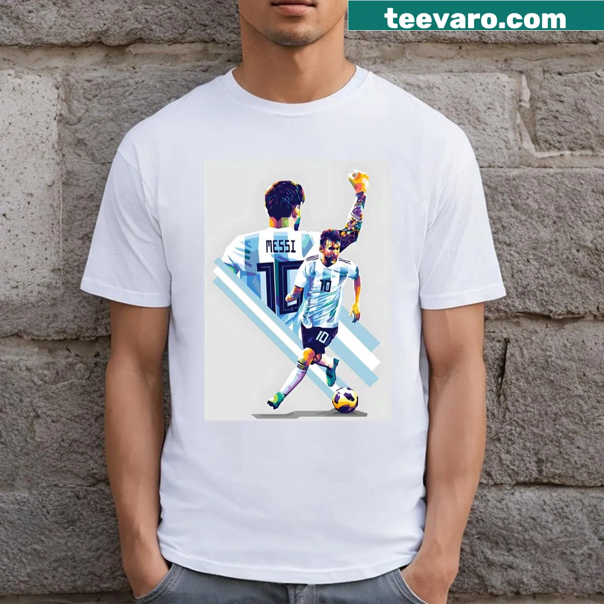 Pop art style T-shirt featuring Leonel Messi in a vibrant graphic design — on a men's t-shirt