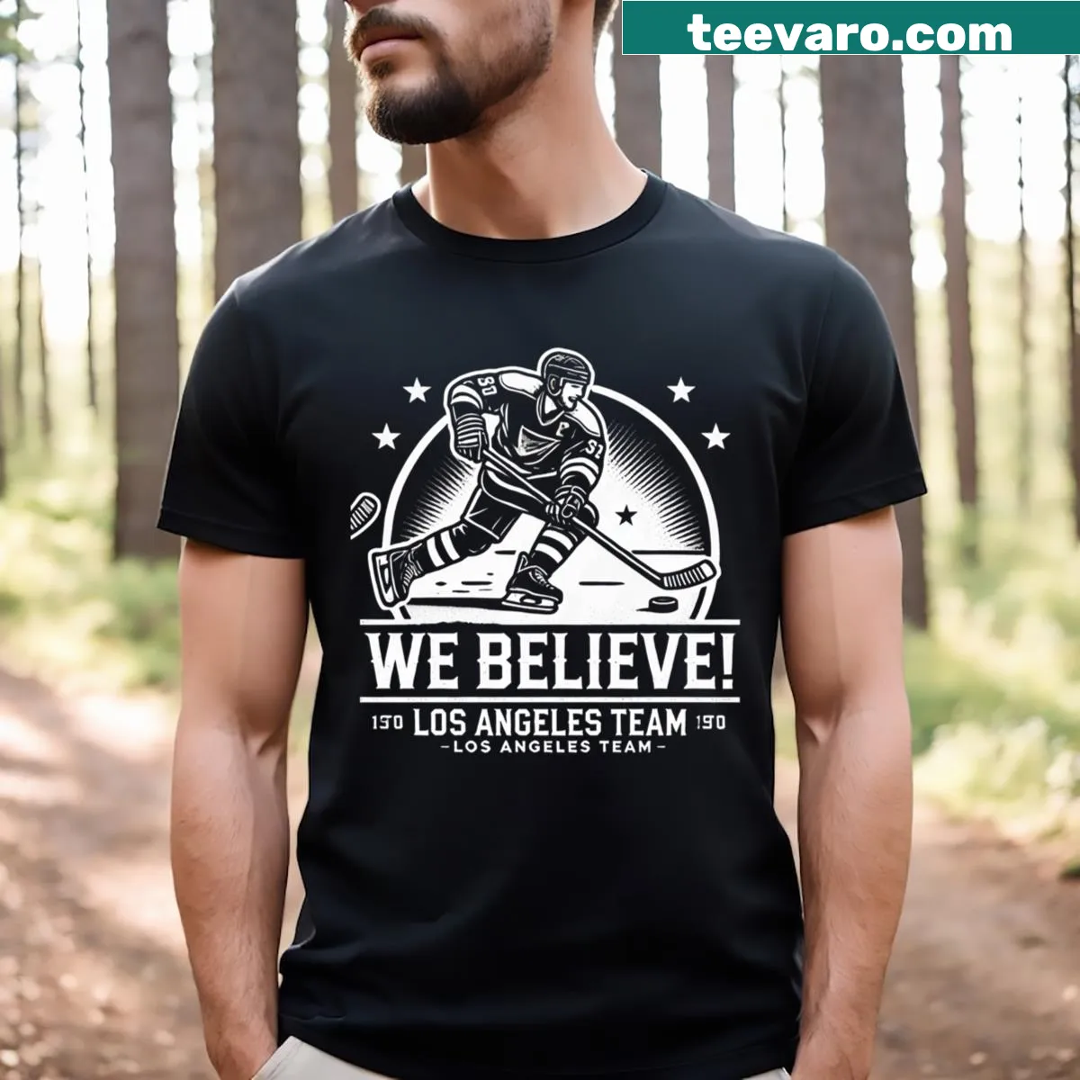 Motivational t-shirt featuring 'We Believe!' for Los Angeles hockey team — on a men's t-shirt