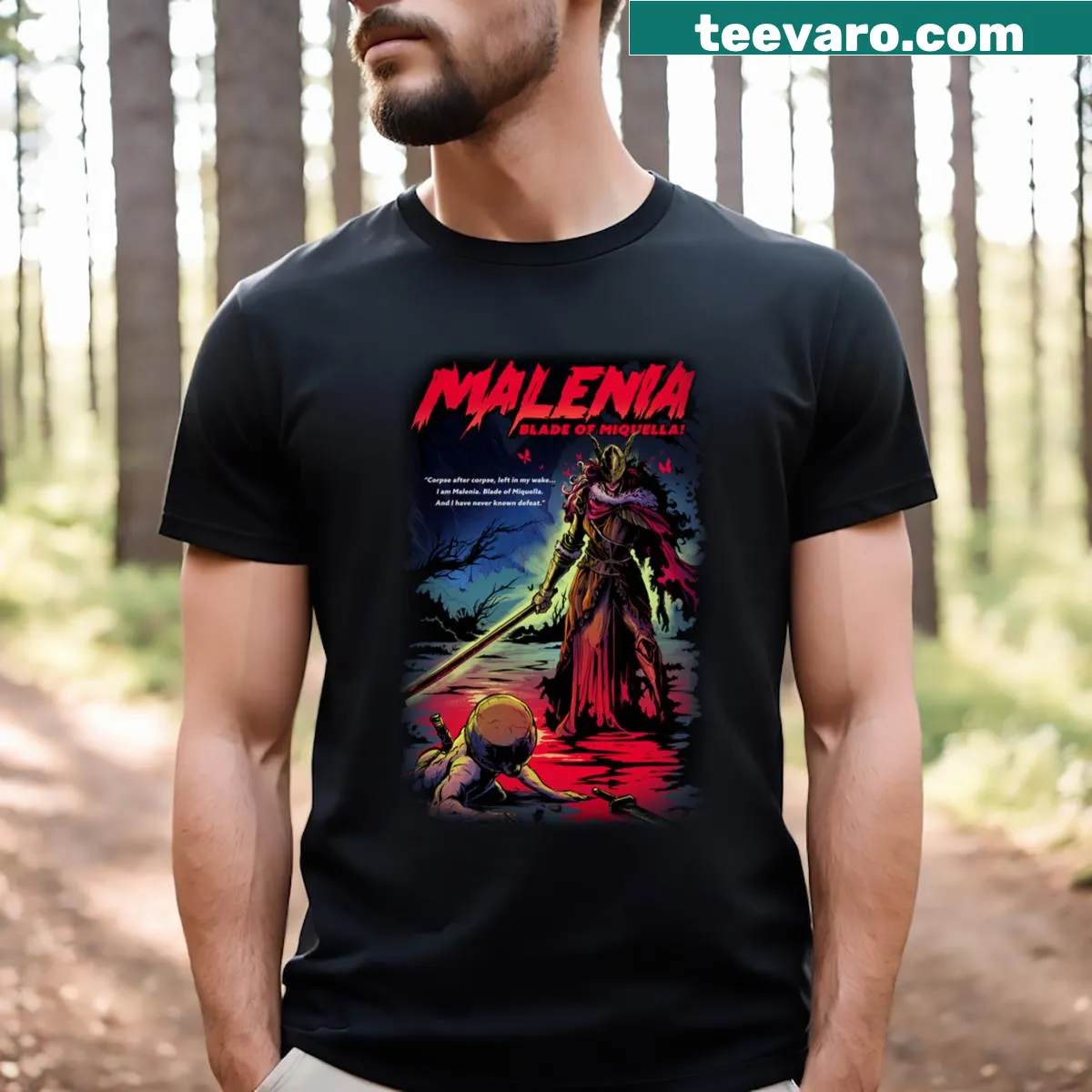 Fantasy illustration featuring Malenia and the Blade of Miquella on T-shirt — on a men's t-shirt