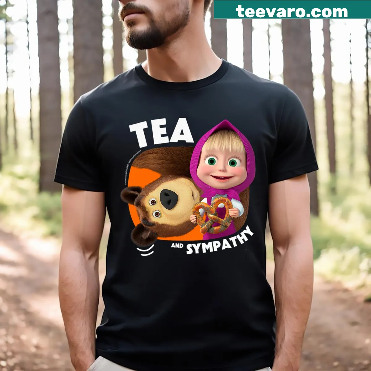 Illustration of Masha and the Bear featuring tea and sympathy — on a men's t-shirt