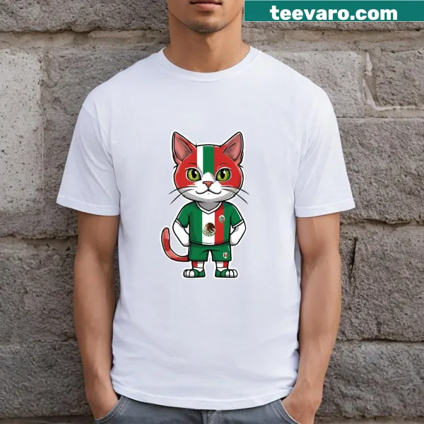 Cute cat wearing Mexican flag colors on a sports team t-shirt