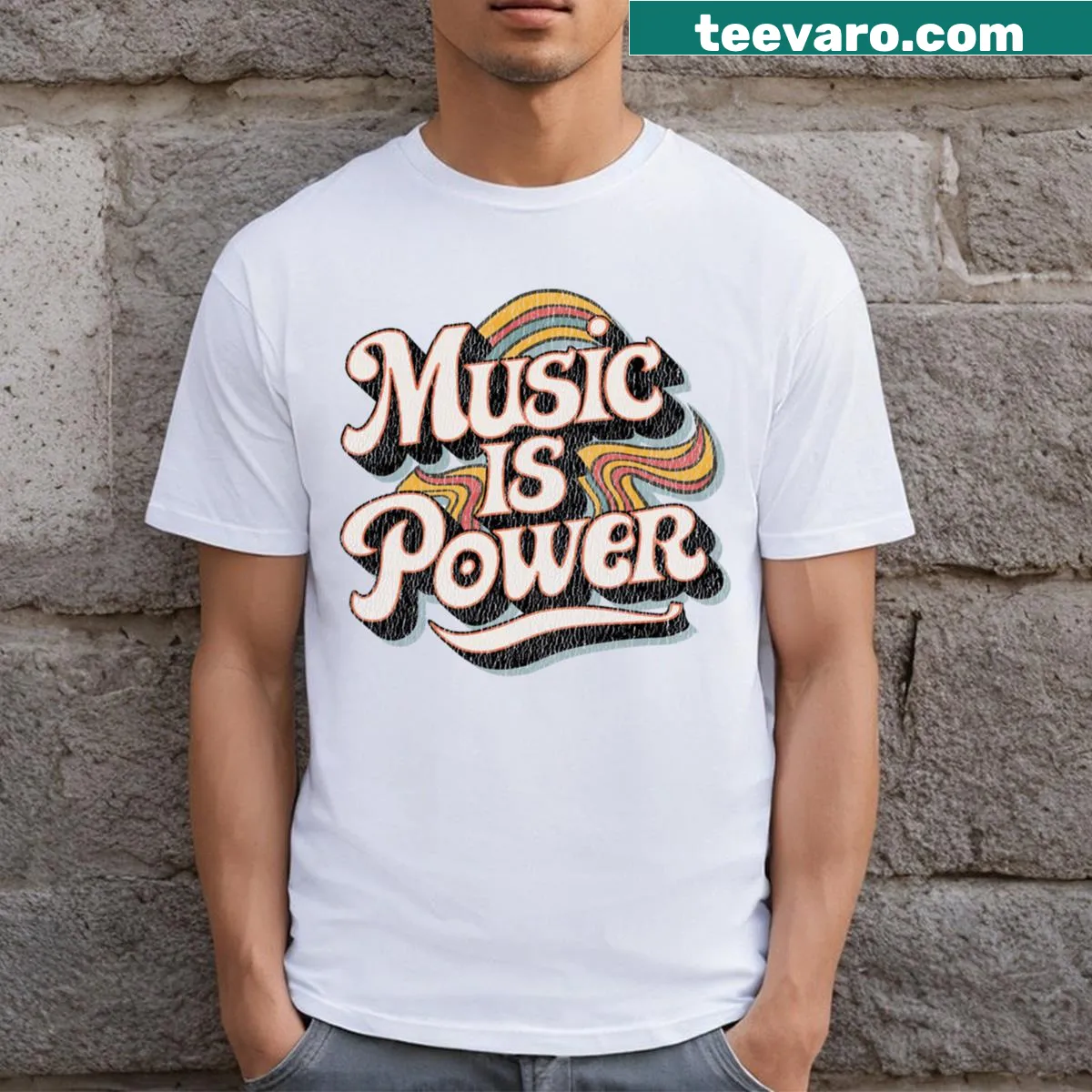 Vintage badge design T-shirt saying Music Is Power — on a men's t-shirt