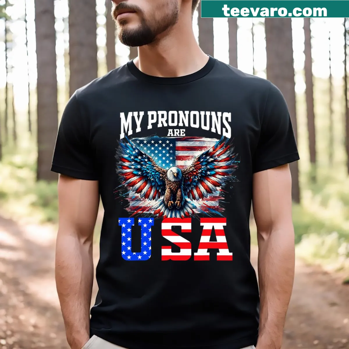 T-shirt with the phrase 'My Pronouns Are USA Eagle' — on a men's t-shirt