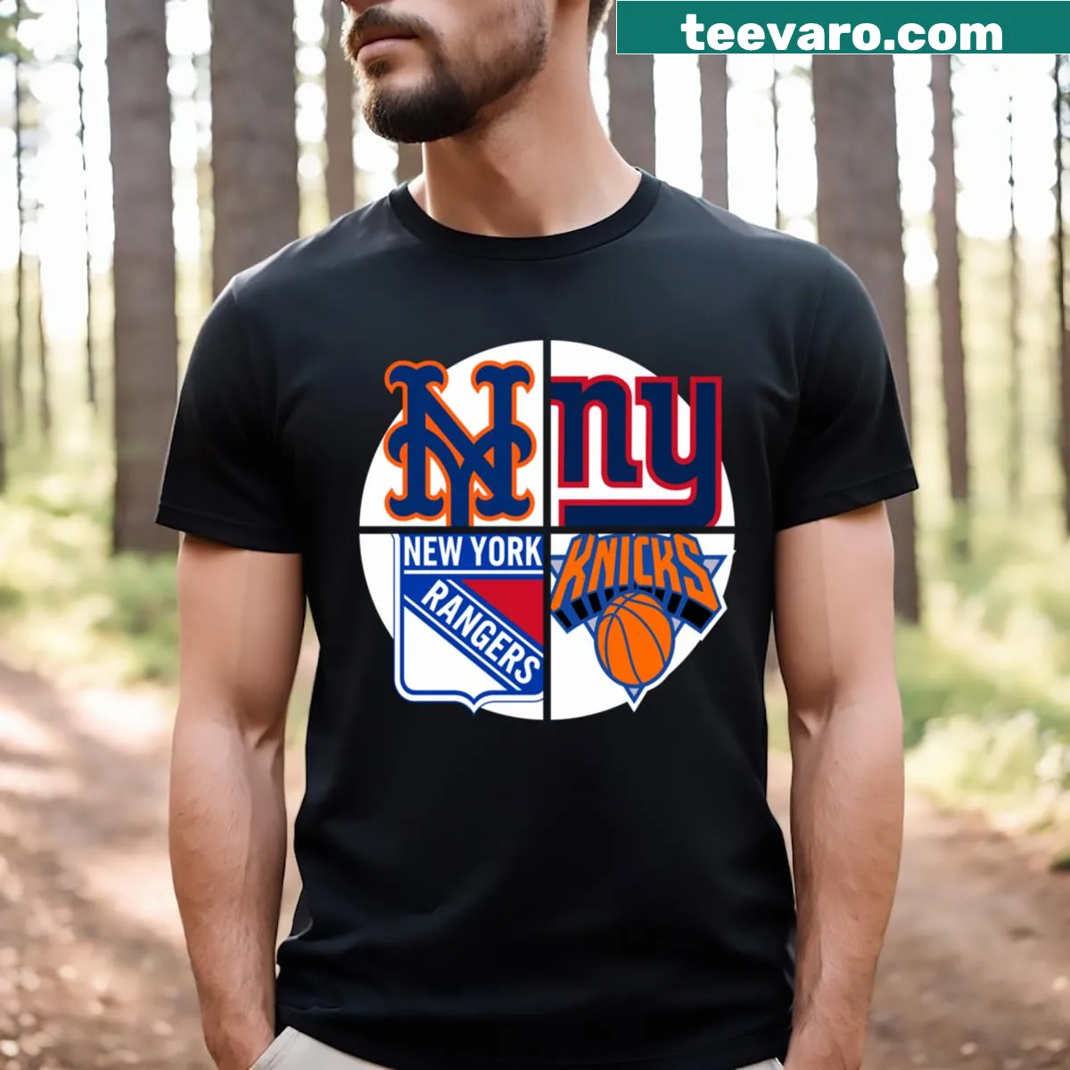 T-shirt featuring various New York sports symbols — on a men's t-shirt