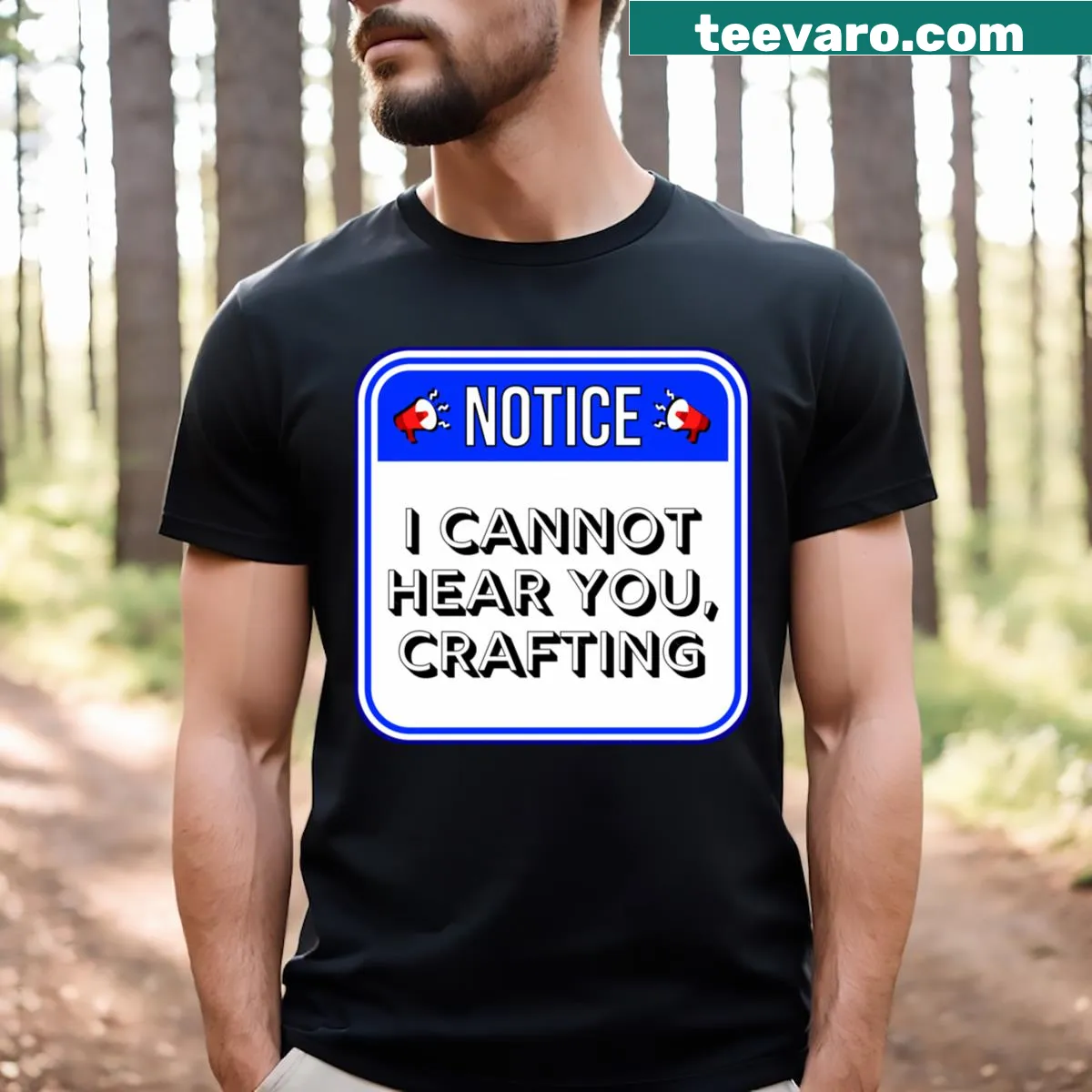 Funny warning sign T-shirt for crafters with humorous text — on a men's t-shirt