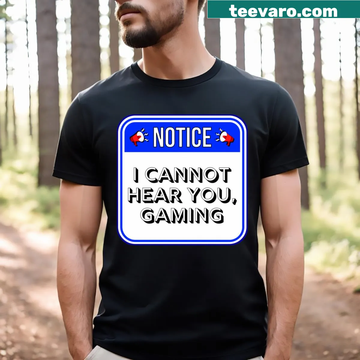 Funny warning sign T-shirt for gamers with humorous text — on a men's t-shirt