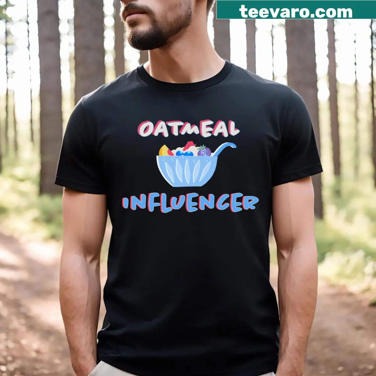 Fun T-shirt with a cartoon graphic of an 'Oatmeal Influencer' — on a men's t-shirt