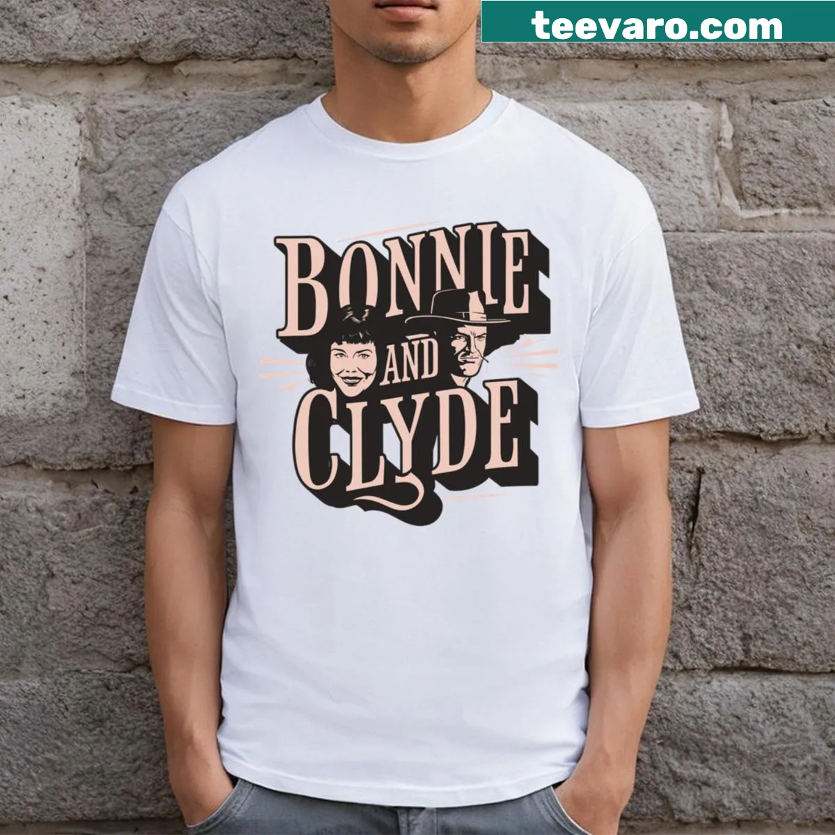 Badge design T-shirt featuring Bonnie and Clyde theme — on a men's t-shirt