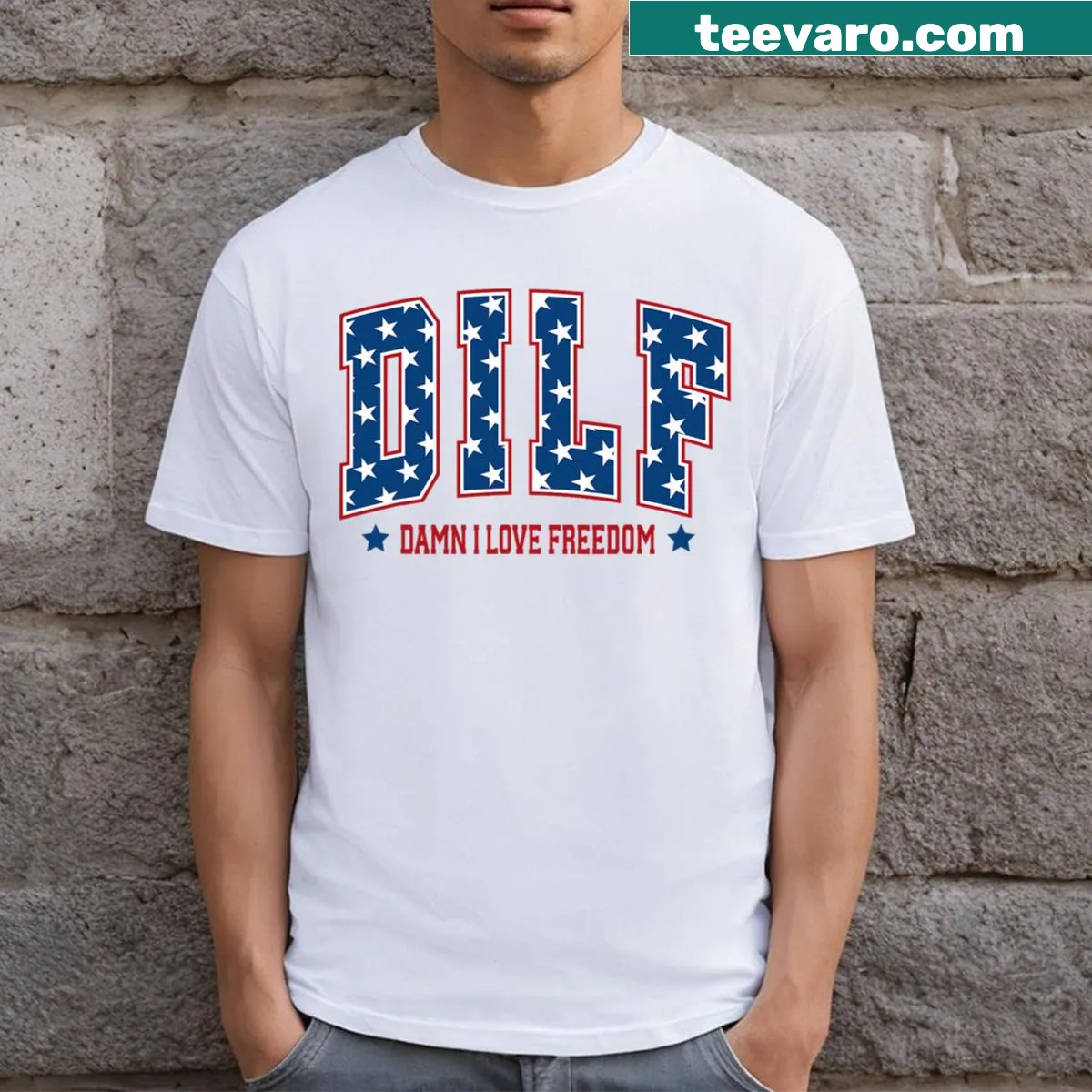 Funny patriotic T-shirt with Damn I Love Freedom slogan — on a men's t-shirt