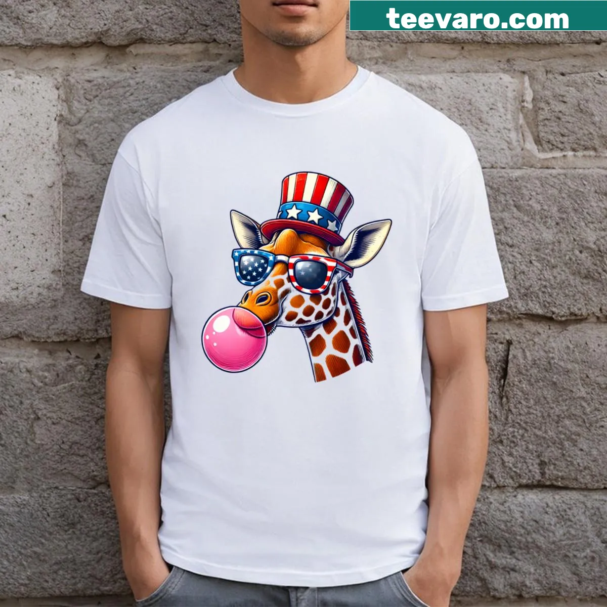 Quirky giraffe illustration T-shirt with patriotic elements — on a men's t-shirt