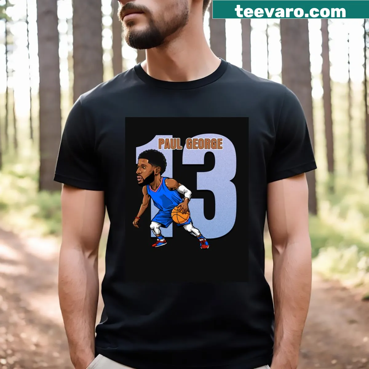 Chibi-style illustration of Paul George on a T-shirt — on a men's t-shirt