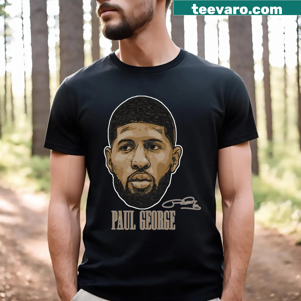 Funny basketball t-shirt featuring a cartoonish graphic of Paul George's head — on a men's t-shirt