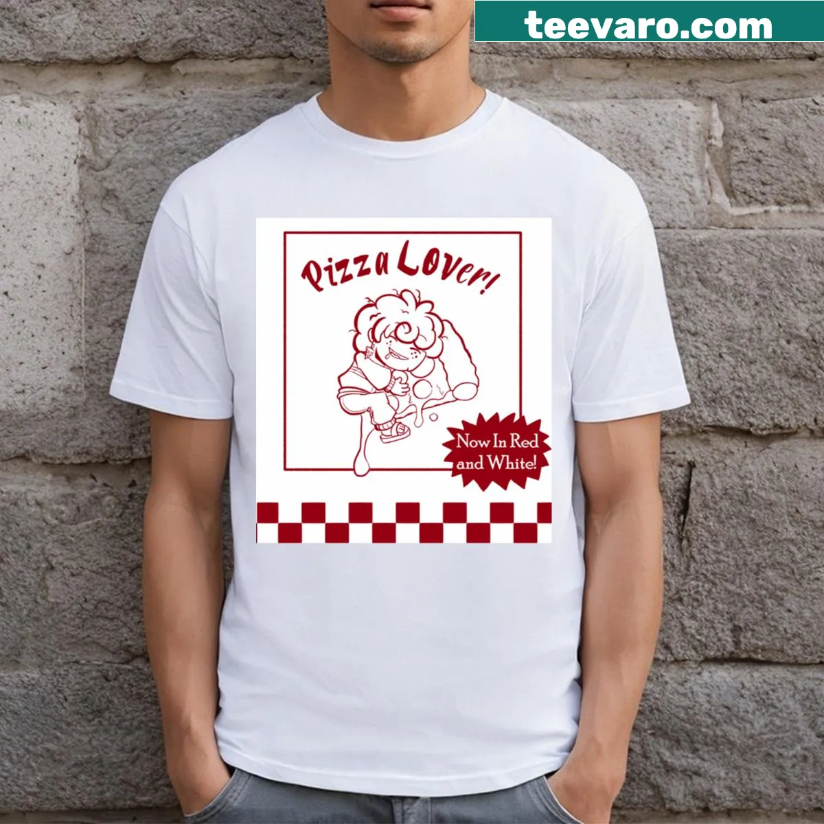 Illustrated T-shirt celebrating pizza with a fun graphic — on a men's t-shirt