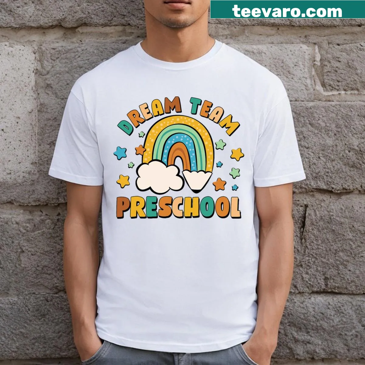 Retro rainbow graphic on a teacher t-shirt with 'Preschool Dream Team' text for back-to-school. — on a men's t-shirt