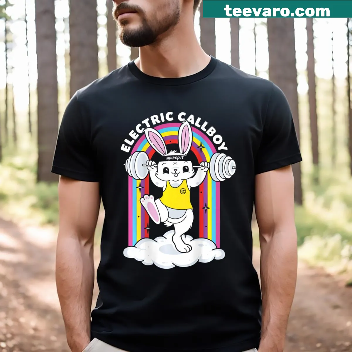 Energetic graphic t-shirt featuring a bunny and motivational text 'Pump It Bunny'. — on a men's t-shirt
