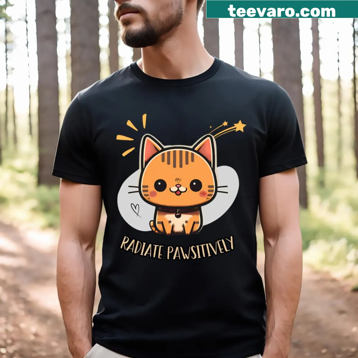 Kawaii cat graphic T-shirt with a cute cartoon cat design — on a men's t-shirt