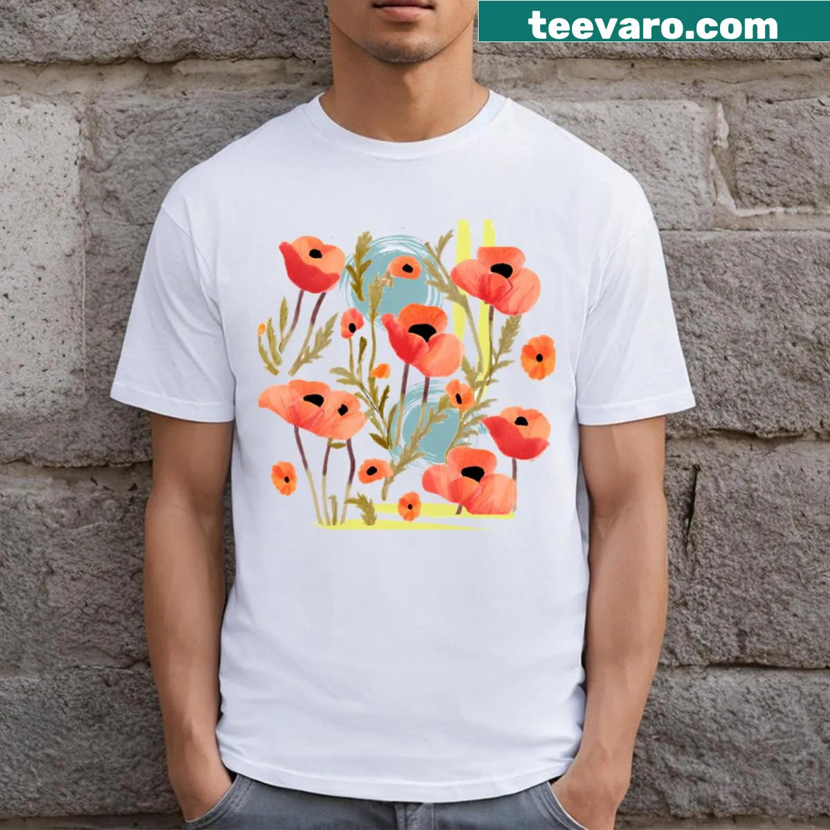 Abstract T-shirt with red flowers on a blue circle background — on a men's t-shirt