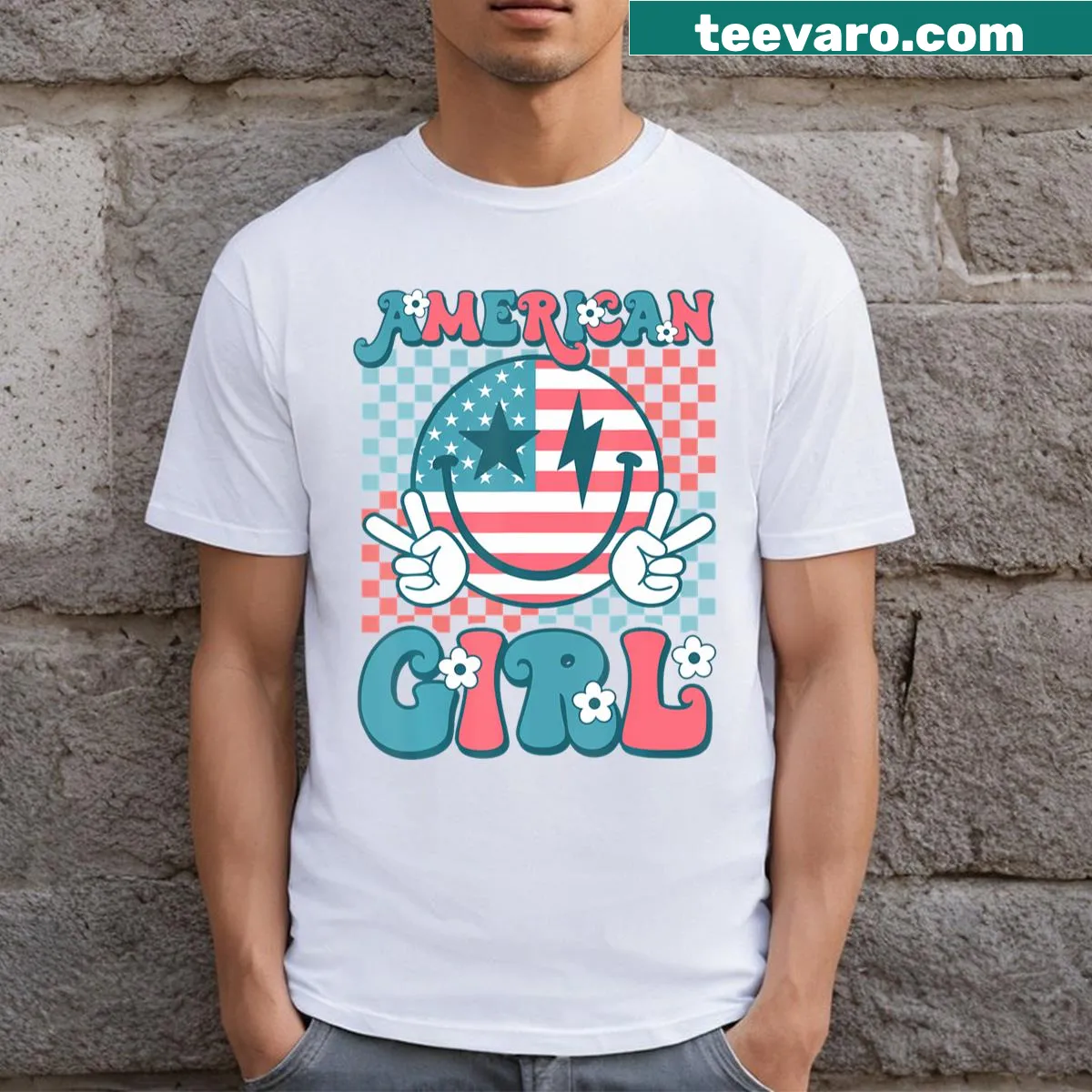Retro smiley graphic on a Fourth of July themed t-shirt — on a men's t-shirt