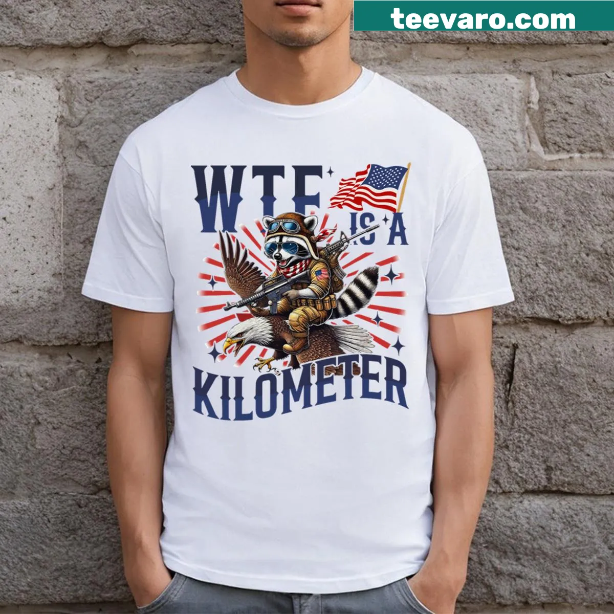 Edgy T-shirt with raccoon and eagle design for 4th of July — on a men's t-shirt